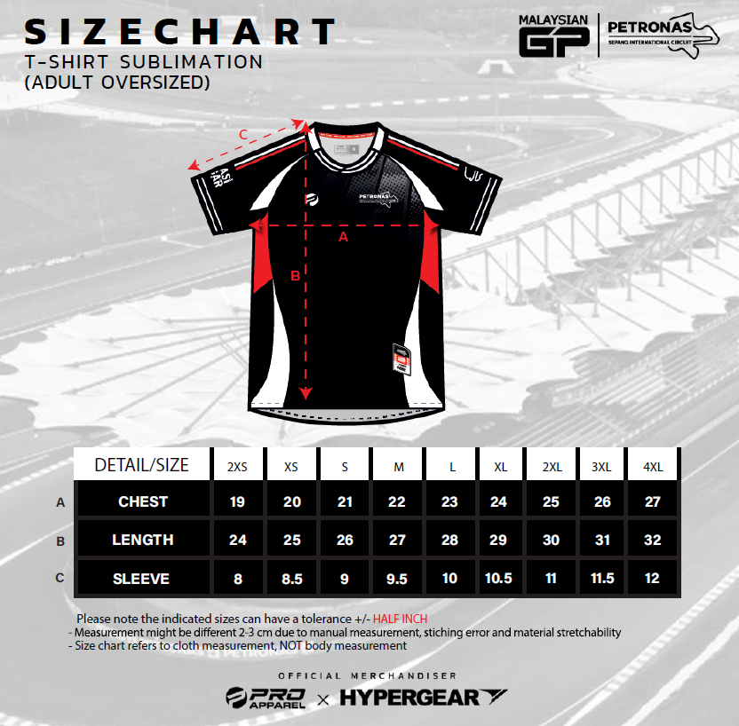 Sublimation Oversized Size Guide